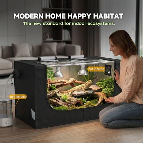 Large Reptile Enclosure Tent, 4x2x2 ft (48 x 24 x 24 Inch) Habitat | with Insulated Cover & Stainless Steel Frame, Dual 4" Accessory Ports for Bearded Dragon, Lizard, Gecko & Chameleon