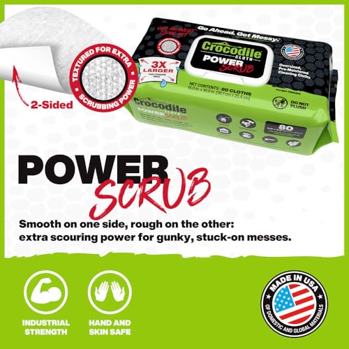 Crocodile Cloth PowerSCRUB Heavy-Duty Hand & Tool Cleaning Wipes, 80 Count | Dual-Surface Cloths, Moist, Absorbent, & Disposable - Safe on Skin & Multiple Surfaces - size: 80 Count (Pack of 1)