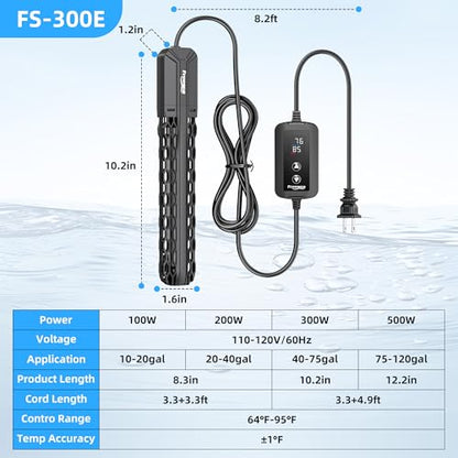 FREESEA Adjustable Aquarium Heater 40-75Gal: 300W 64-95°F Precise Control | Holds Temperature Steady Within 1° F for TropicalFish Community Tanks - External Digital Controller & Dry Run Protection - size: 300W(40-75gallon)