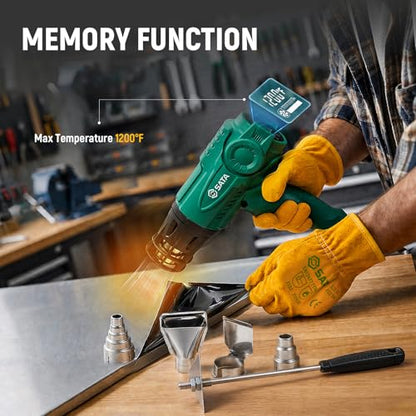 SATA Heat Gun with LCD Display, Variable Temperature 120℉-1200℉ Hot Air Gun with Memory Function and One-Touch Cooling for Vinyl Wrap, Paint Remover, Heat Shrink and Crafts, Anti-Scald Air Nozzle
