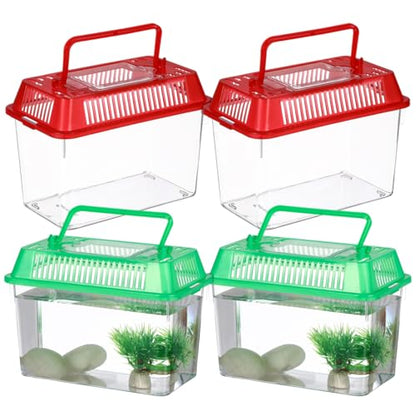 POPETPOP 4 Pcs Plastic Small Fish Tank: Mini Reptile Terrariums Carrier Cage, Transparent Portable Reptile Enclosure for Jumping Spider, Snake, Fish, Turtle (Random Color Lid)