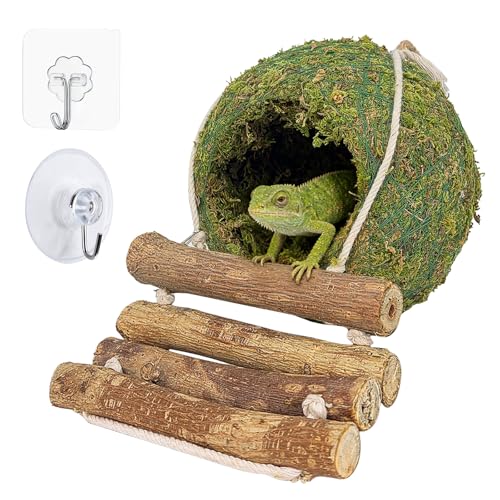 Handmade Moss Reptile Hanging Nest 4 Pcs Set, Small 4″ x 4″ | Gecko Hideout with Ladder, Terrarium Decor for Crested Gecko, Leopard Gecko, Lizard, Small Reptiles & Amphibians - size: Small 4″ x 4″