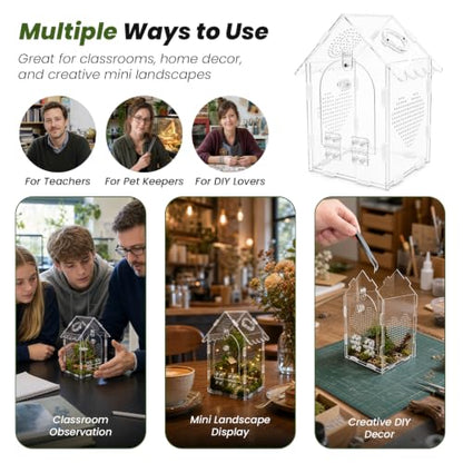 Jumping Spider Enclosure Kit, 5x5x8 Acrylic Terrarium Starter Set | Front-opening design Vertical habitat layout,Transparent viewing panels for desks, shelves and pet rooms