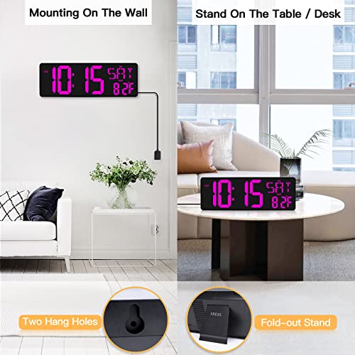 XREXS 17.2 Inch Large Digital Wall Clock with Remote Control | LED Large Display Count Up & Down Timer, Adjustable Brightness Alarm Clock with Day/Date/Temperature for Home, Office, Gym - color: Purple