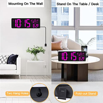 XREXS 17.2 Inch Large Digital Wall Clock with Remote Control | LED Large Display Count Up & Down Timer, Adjustable Brightness Alarm Clock with Day/Date/Temperature for Home, Office, Gym - color: Purple