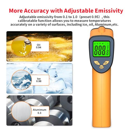 DEASOMIYE Infrared Laser Thermometer, Digital Infrared Laser Thermometer Gun with Adjustable Emissivity, IR Thermometer Temperature Gun for Cooking, Pizza Oven & Engine, -58℉～1022℉(-50℃～550℃) - color: Yellow