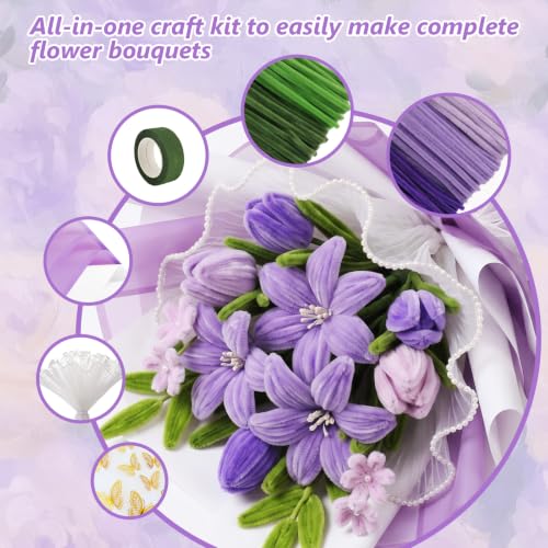 Cwczhi 600 PCS Pipe Cleaners Craft,9 Colors Purple Pipe Cleaner Flower Kit | with Instructions,Floral Wires,Stamen,Wrapping Paper& Ribbon,Art and Craft Supplies - color: purple