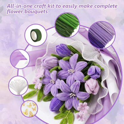 Cwczhi 600 PCS Pipe Cleaners Craft,9 Colors Purple Pipe Cleaner Flower Kit | with Instructions,Floral Wires,Stamen,Wrapping Paper& Ribbon,Art and Craft Supplies - color: purple