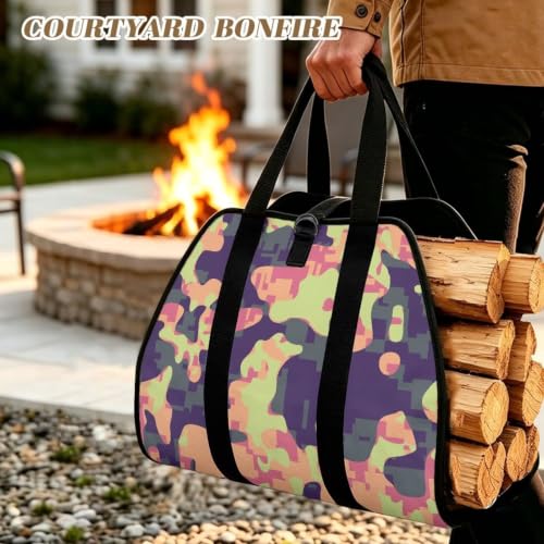 Pixel Camo Print Firewood Carrier Bag with Padded Handles | Adjustable Buckle Straps, Water Resistant, Suitable for Indoor Fireplace and Outdoor Camping - color: Pastel Pink Purple Pixel Camo Print