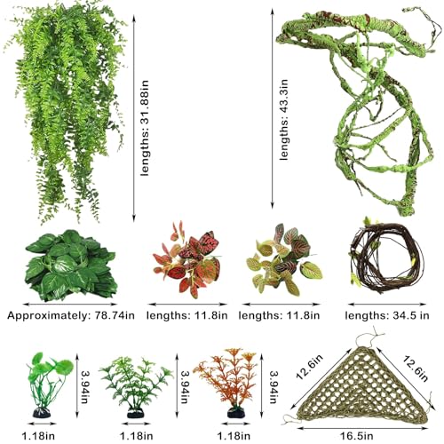 kathson 10 PCS Reptile Vines Plants Flexible Bendable Jungle Climbing Vine Terrarium Plastic Plant Leaves Pet Tank Habitat Decor for Bearded Dragons Lizards Geckos Snakes Frogs and More Reptiles - size: 10 PCS