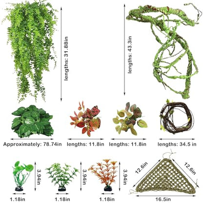 kathson 10 PCS Reptile Vines Plants Flexible Bendable Jungle Climbing Vine Terrarium Plastic Plant Leaves Pet Tank Habitat Decor for Bearded Dragons Lizards Geckos Snakes Frogs and More Reptiles - size: 10 PCS
