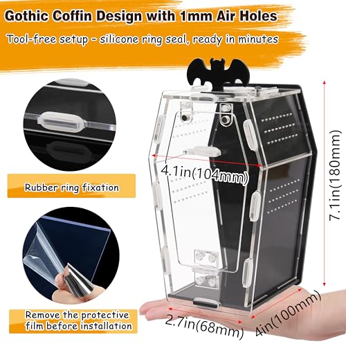 19PCS Jumping Spider Enclosure Kit, Acrylic Goth Coffin Terrarium with Magnetic Lock & Feeding Hole, DIY Decor Set for Tarantula Mantis Insect Habitat, Black Base