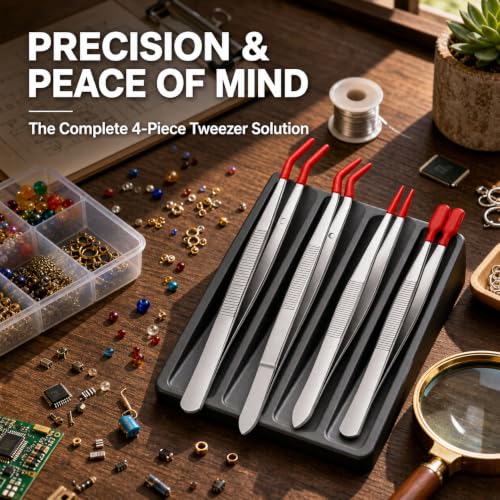 4 Pcs Rubber Tip Tweezers Set, Non-Scratch PVC Coated Tips - Fine Point, Flat & Bent Head Tweezers for Crafts, Jewelry Making, Electronics, Eyelash Extensions - Red - color: Red