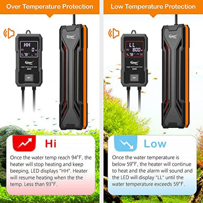 hygger Aquarium Heater 300W/500W/800W/1000W, Submersible Fish Tank Heater | With Digital LED Controller and Intelligent Leaving Water Automatically Stop Heating System, for Freshwater and Saltwater - size: 800W for 80-220 Gallon