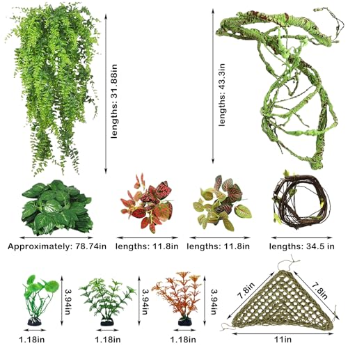 kathson 8 PCS Reptile Vines Plants Flexible Bendable Jungle Climbing Vine Terrarium Plastic Plant Leaves Pet Tank Habitat Decor for Bearded Dragons Lizards Geckos Snakes Frogs and More Reptiles - size: 8 PCS
