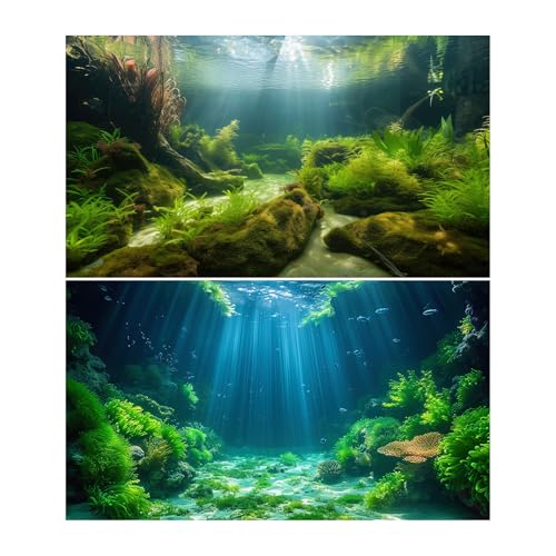 2 Pack Ocean Floor Aquarium Background Underwater World Aquatic Plants Terrarium Backdrop Cave Sunlight Fish Tank Background Rock with Moss Sunlight Rays Aquarium Wallpaper Poster Decor 48x18in