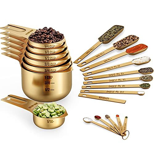 Wildone Copper Plated Measuring Cups & Spoons Set of 21 - Includes 7 Stainless Steel Nesting Measuring Cups, 8 Measuring Spoons, 1 Leveler & 5 Mini Measuring Spoons, Ideal for Dry & Liquid Ingredients - color: Copper