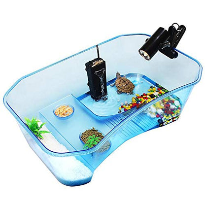 Small Turtle Tank with Multi-Function Areas | Easy Assembly, Ideal for Small Turtles & Reptiles, Includes Plastic Tree, Includes Fishing Net - color: Blue