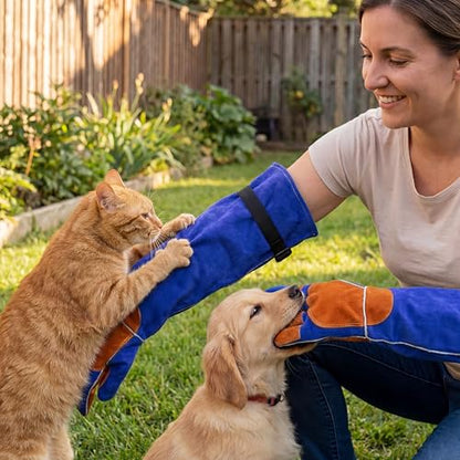 Long Leather Welding Gloves Animal Handling Scratch Bite Proof | 24 Inch Full arm coverage.Flame-retardant split leather shields against intense welding heat and animal bites. - color: Blue