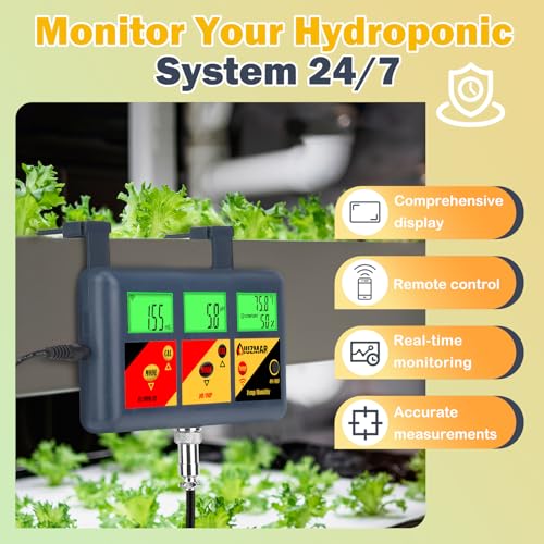 pH EC Meter for Hydroponics 7 in 1 pH EC PPM CF ORP Temp Humidity | Continuous Monitor pH ORP Meter for Water Hydroponics EC PPM Meter for Hydroponic Garden DWC Setup Aeroponic