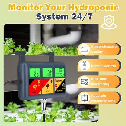 pH EC Meter for Hydroponics 7 in 1 pH EC PPM CF ORP Temp Humidity | Continuous Monitor pH ORP Meter for Water Hydroponics EC PPM Meter for Hydroponic Garden DWC Setup Aeroponic