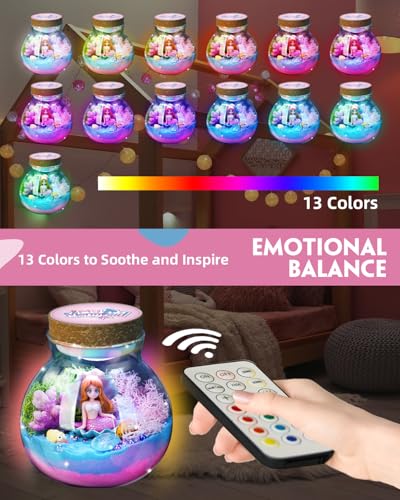 Winnrok Mermaid Terrarium Kit for Girls - DIY Night Light Craft with 13-Color LED, Remote & Timer. Ideal Easter Basket Stuffers, Birthday Gift for Kids Ages 4-8-12. Create Underwater Garden