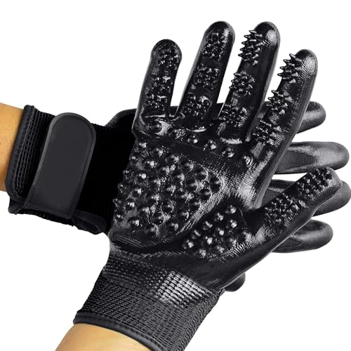 Pet Grooming Glove – Patented Rubber-Massage Shedding Bath & Hair Remover for Dogs, Cats & Livestock – Lightweight, Flexible, Secure Fit (Black) - color: Black
