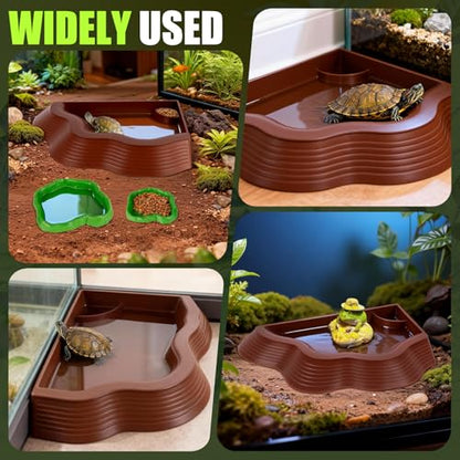 3 Pcs Tortoise Water Bowl with Ramp, Reptile Food Water Bowl Turtle Pool, Tortoise Bathing Pool Turtle Soaking Dish Aquarium Habitat Accessories(trumpet-3-brown Plus Green) - color: trumpet-3-brown plus green