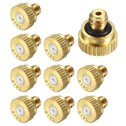 M METERXITY 10-Pack Brass Misting Nozzles, 0.02inch/0.5mm Orifice Heavy Duty 10/24 UNC Screw Thread Misting Nozzle Plug for Outdoor Spray Cooling System/Patio Mist System/Dust Control - size: 0.02inch/0.5mm