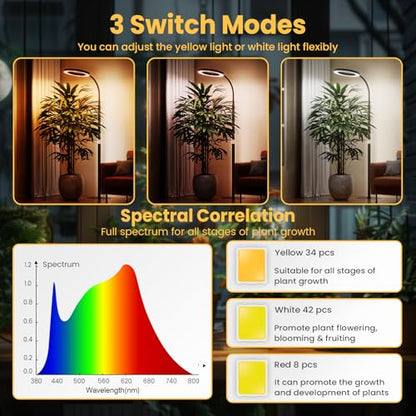 Grow Light Plant Light for Indoor Plants, Full Spectrum Grow Lamp with Pedestal Stand, Automatic Timer for 3H/9H/12H, 10 Dimmable Levels, Height Adjustable 51-67in Black - color: Black High