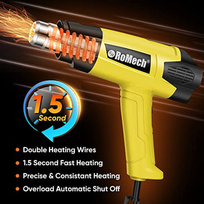 1500W Heavy Duty Heat Gun, Variable Temperature Control Hot Air Gun Kit with 2 Air Flow 120°F~1200°F and 4 Nozzles for Crafts Shrink Wrap (Yellow) - color: Yellow