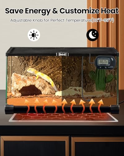 MQ Reptile Terrarium Heat Pad with LCD Digital Aquarium Thermometer, 11 x 16.5in Power Adjustment Under Tank Heater Mat for Pets, Small Animals, Seedling, 20W - size: 20W, 11*16.5 in