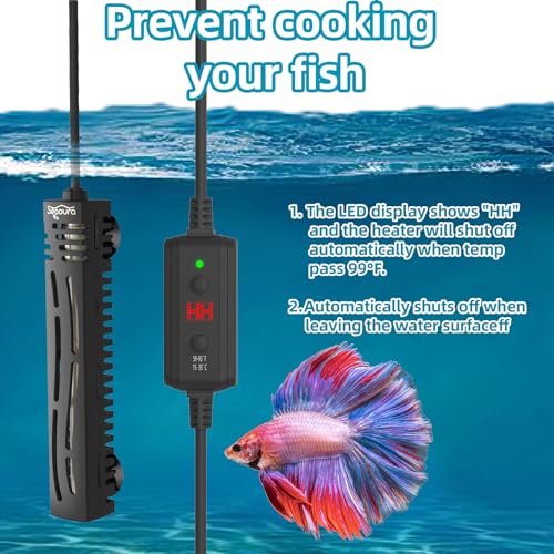 SEAOURA Small Aquarium Heater, 25W Mini Turtle and Betta Fish Tank Heater 1-6 Gallon Tank, Adjustable Submersible Aquarium Heater with External Controller for Freshwater and Saltwater - size: ≤ 6 Gal Tank