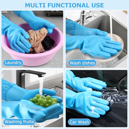 Dog washing gloves | Pet grooming gloves | Extra Long Arms 17.3in (blue) | This pet hair removal glove is made of thickened waterproof silicone and features scratch and bite resistance. - color: blue