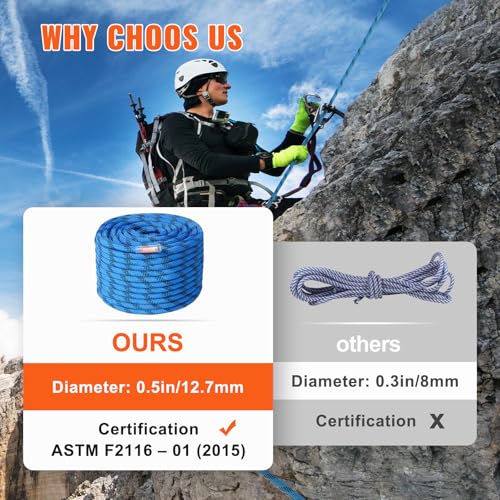 VEVOR 12.7mm Static Climbing Rope, 45.7M(150ft) Outdoor Rock Climbing Rope 30KN Breaking Tension, Fiber Rope for Escape, Rappelling, Fire Rescue, Blue - size: 150ft