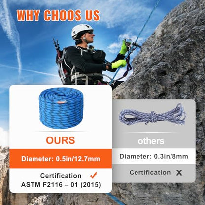 VEVOR 12.7mm Static Climbing Rope, 45.7M(150ft) Outdoor Rock Climbing Rope 30KN Breaking Tension, Fiber Rope for Escape, Rappelling, Fire Rescue, Blue - size: 150ft