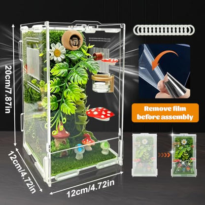 Jumping Spider Enclosure Starter Kit, Small Reptile Terrarium Accessories Set, All-in-One Reptile Tank with Magnetic Plant Holder, Hide, Water Dispenser, Decorations, 4.7"x4.7"x7.8" Fairy Tale Theme