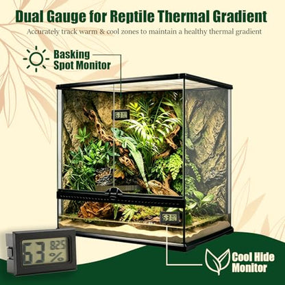 4 Pack Reptile Thermometer and Humidity Gauge & Reptile Feeding Tongs | Bearded Dragon Tank Accessories, Digital Hygrometer and 10.6" Straight & Curved Long Tweezers with Rubber Tips for Lizard