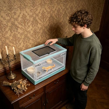 Terrarium for Reptiles Foldable, Portable Reptile Enclosure with Ventilation Mesh & Clear Panel, Small Animal Habitat Tank for Bearded Dragon Snake Gecko Lizard - color: Light Blue+Clear, Clear+Black