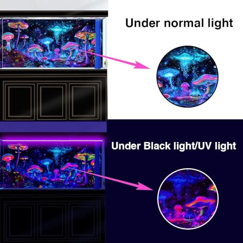 48X24IN Blacklight Mushroom Jellyfish Aquarium Background UV Reactive Background Starry Sky Terrarium Background with 10 EVA Double-Sided Tape - size: 48X24in/120X60cm