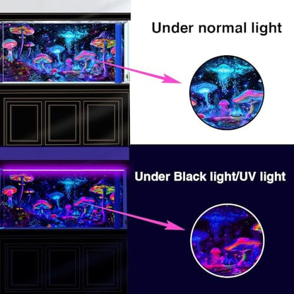 36X20IN Blacklight Mushroom Jellyfish Aquarium Background UV Reactive Background Starry Sky Terrarium Background with 10 EVA Double-Sided Tape - size: 36X20in/90X50cm