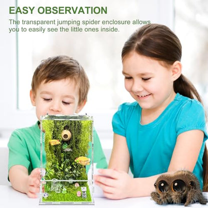 Jumping Spider Enclosure Kit,(Contains All Components) DIY Insects Habitat,Small Reptile Terrarium Glass House Accessories Set,with Temperature and Humidity Detector.5.5“x5.5”x9.5“ (Green)