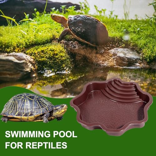 Extra Large Reptile Bathing Pool Reptile Feeding Dish Water Bowl with Ramp Aquarium Ornament for Gecko, Snake, Turtle, Bearded Dragon, Lizard Bath (Brown-red) - color: Brown-red