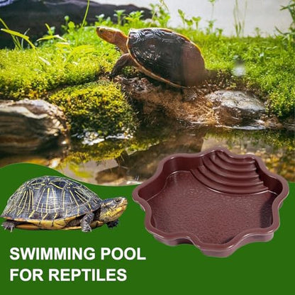 Extra Large Reptile Bathing Pool Reptile Feeding Dish Water Bowl with Ramp Aquarium Ornament for Gecko, Snake, Turtle, Bearded Dragon, Lizard Bath (Brown-red) - color: Brown-red