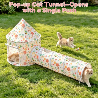 2-in-1 Cat Play Set, Pop-Up Cat Tunnel Rest Hut with Plush Ball Toys | Collapsible Cat Toys Combo with Tent & Ball for Indoor Tunnel, Hiding & Lounging，Suitable forca, dogs, rabbits. Perfect toy. - color: White