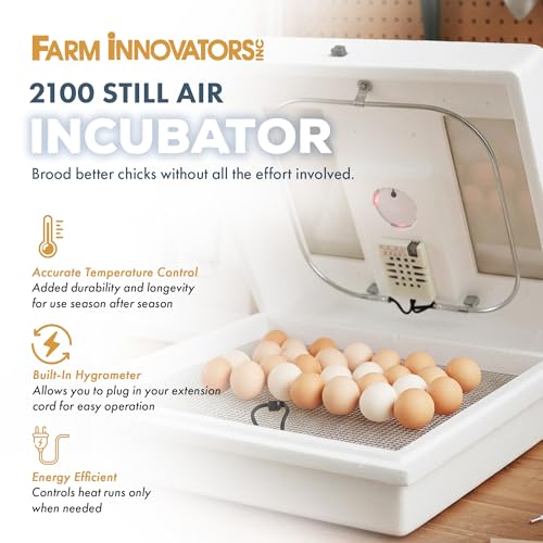 Farm Innovators 2100 Heated Still Air Incubator for 4 Dozen Eggs with Built in Hygrometer, Solid State Circuitry, and 2 Large Viewing Windows, White | 4 dozen egg capacity, built-in hygrometer, solid state circuitry, 2 viewing windows, 40W - color: Still