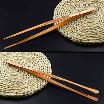 JETKONG 2 Pcs 12-Inch Kitchen Tweezers Cooking Tweezer Tongs Stainless Steel Long Food Tweezers (Rose Gold) - color: Rose Gold, size: 12+12 Inch