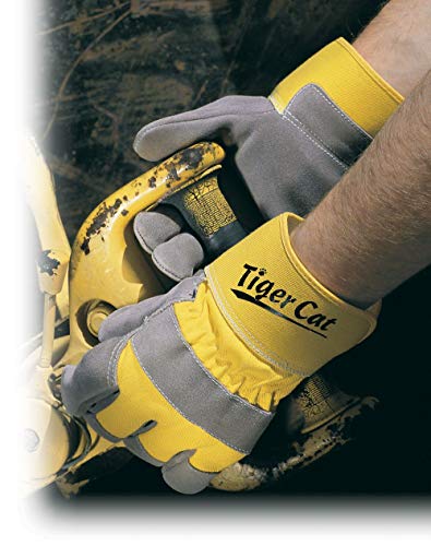Galeton Tiger Cat Premium Leather Palm Gloves Safety Cuff Yellow 12 Pack 2112, Large (2112-L) - color: Gray/ Yellow, size: Large (Pack of 12)