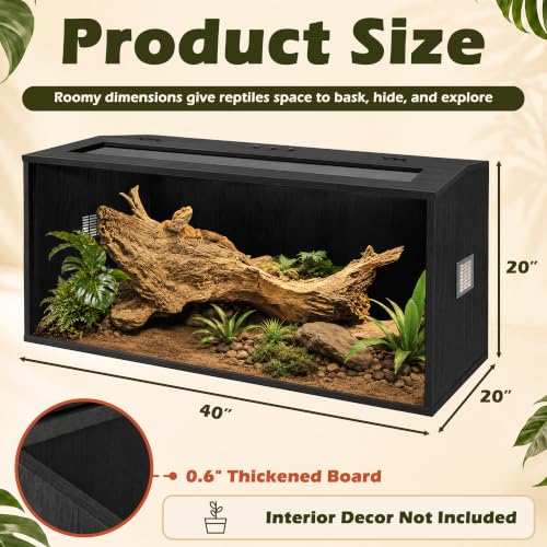 Bearded Dragon Tank, Reptile Enclosure, Tempered Glass Lizard Tank, Bearded Dragon Enclosure with Built-in Lamp Fixture and Wooden Roof for Chameleon (40x20x20 Inch, Black) - color: Black, size: 68 gallons
