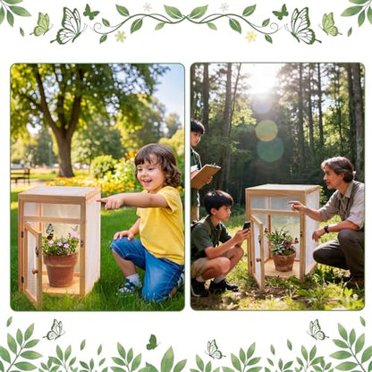 Wooden Butterfly Habitat Cage Kit Monarch Caterpillar Enclosure with Mesh Tent & Wood Frame, Detachable Insect Observation House for Kids Outdoor Garden(15.7") - size: 15.7"